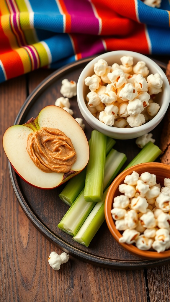A healthy snack spread featuring apple slices with almond butter, celery and hummus, and popcorn.
